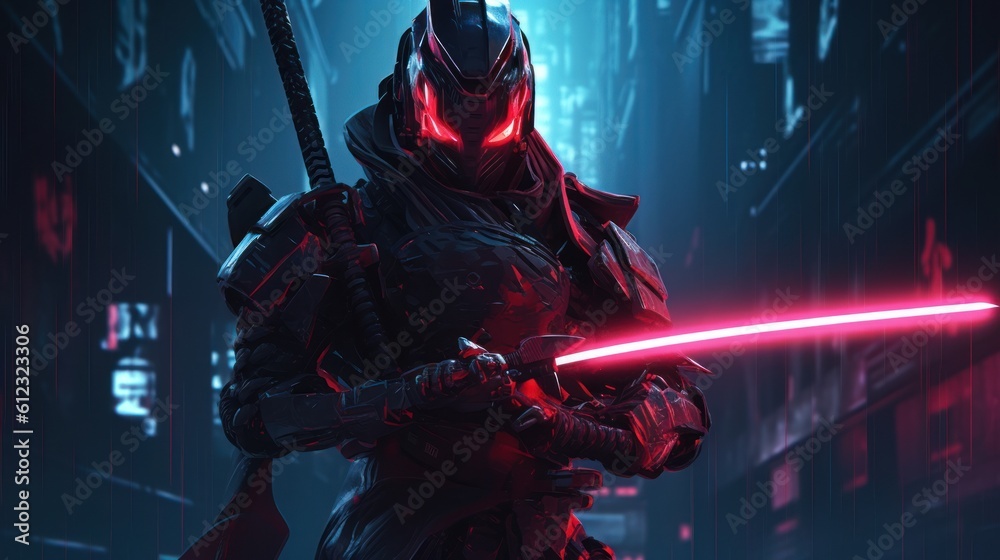 Cybernetically enhanced street samurai, wielding a high tech sword and sporting advanced armor, ready to take on any challenge in a cyberpunk world Cybernetically enhanced street samurai, wielding a high tech sword and sporting advanced armor, ready to take on any challenge in a cyberpunk world