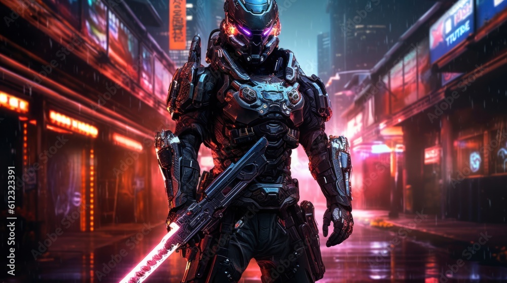 Cybernetically enhanced street samurai, wielding a high tech sword and sporting advanced armor, ready to take on any challenge in a cyberpunk world