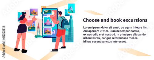 tourists choosing different landmarks on digital screens travelling concept horizontal