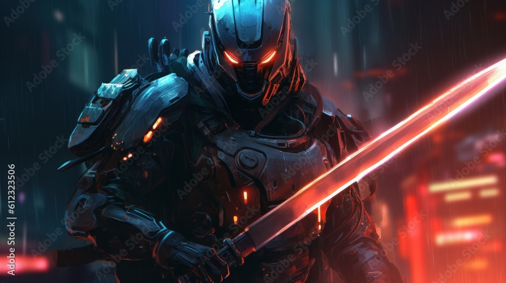Cybernetically enhanced street samurai, wielding a high tech sword and sporting advanced armor, ready to take on any challenge in a cyberpunk world Cybernetically enhanced street samurai, wielding a high tech sword and sporting advanced armor, ready to take on any challenge in a cyberpunk world