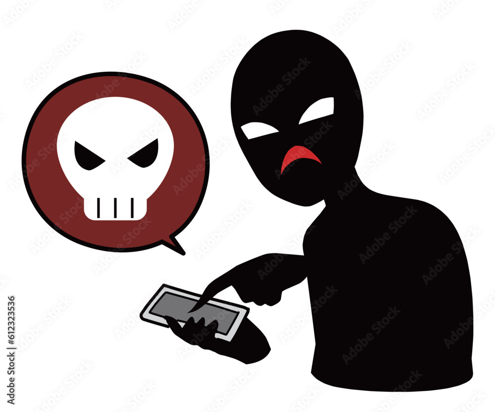 Fototapeta premium スマホを持つ黒色の人物とドクロマークの誹謗中傷などのイメージのイラスト素材