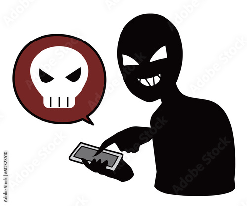 スマホを持つ黒色の人物とドクロマークの誹謗中傷などのイメージのイラスト素材
