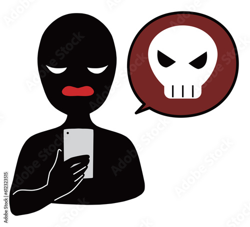 スマホを持つ黒色の人物とドクロマークの誹謗中傷などのイメージのイラスト素材