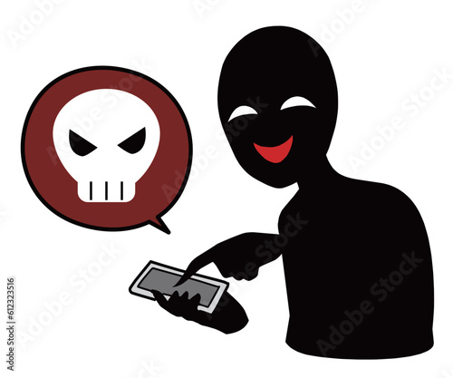 スマホを持つ黒色の人物とドクロマークの誹謗中傷などのイメージのイラスト素材