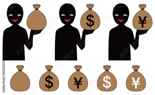 ＄や￥のマークの袋を持った悪人イメージのイラスト素材セット