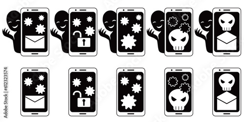 スマホと悪人のウイルス感染やハッキングイメージのイラスト素材