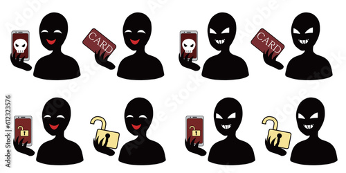 悪人イメージのシルエットの人物とスマホやカードなどのハッキングイメージの素材セット