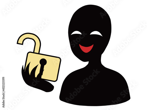 ロックが解除された鍵を手に持つ黒色の悪人イメージのイラスト素材