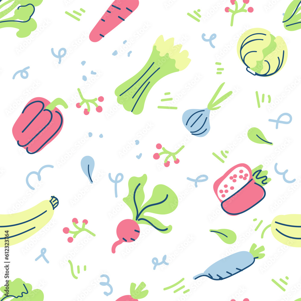 Naklejka premium Seamless vector background with various fruits and vegetables