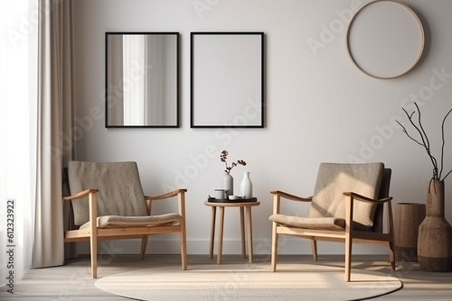 Blank picture frame mockup on gray wall. White living room design. generative AI 