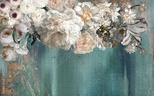 Obraz Spectacular 3D oil painting flowers on the light turquoise abstract background.