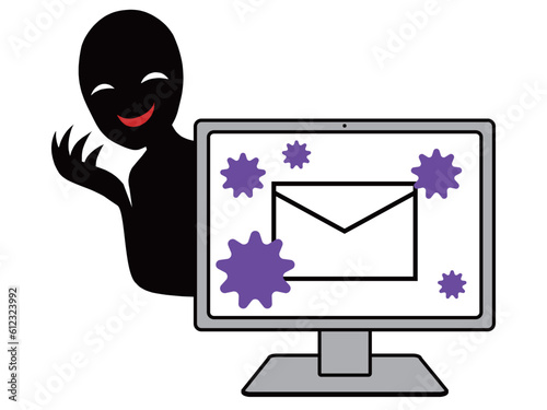 ウイルス感染したメールが表示されたパソコンと悪人イメージのイラスト素材