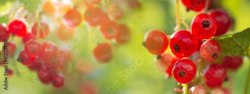 close up on branch of ripe red currant in a garden on green background. in su...