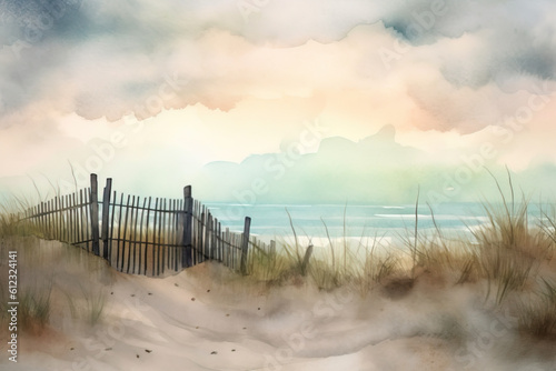Summer landscape with sea  sky. Watercolor painting illustration. Generative AI.