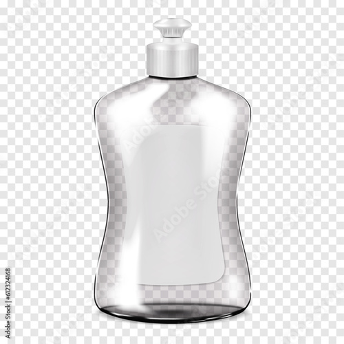 Clear plastic bottle with screw push-pull cap and white blank label realistic vector mockup. Liquid soap, dishwashing liquid container packaging mock-up. Template for design