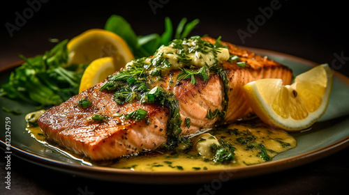Generative AI. Grilled Herb-Crusted Salmon Fillet with Lemon Butter Sauce
