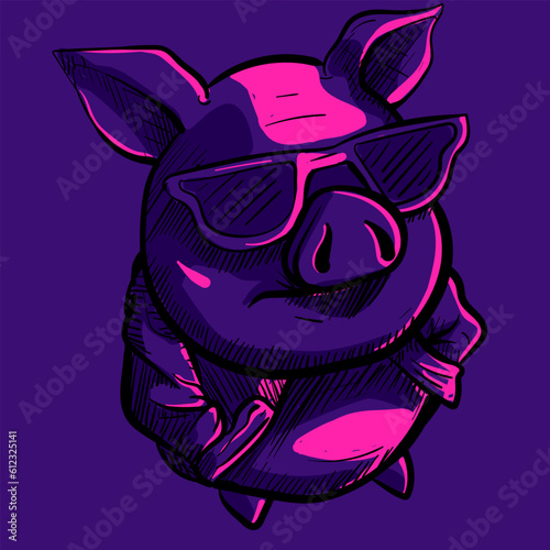 Digital art of a cool gangsta pig wearing sunglasses and a jacket under pink neon lights. Vector of a thug piglet under UV with his hands in the pocket