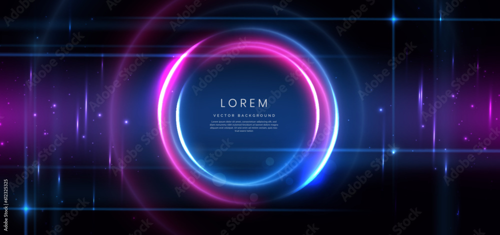 Abstract technology futuristic circles neon glowing blue and pink light lines effect on dark blue background. Abstract technology futuristic circles neon glowing blue and pink light lines effect on dark blue background.