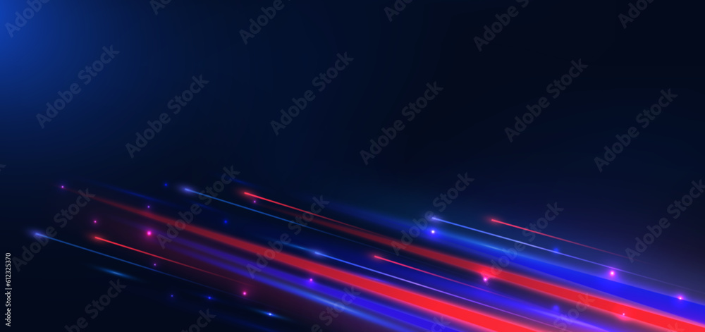 Fototapeta premium Abstract technology futuristic glowing neon blue and red light lines with speed motion movingon dark blue background.