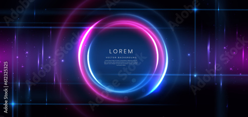 Abstract technology futuristic circles neon glowing blue and pink light lines effect on dark blue background.