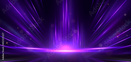 Abstract purple light rays on black background with lighting effect and bokeh.