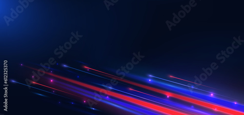 Abstract technology futuristic glowing neon blue and red light lines with speed motion movingon dark blue background.