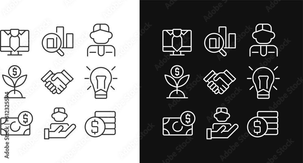 Business and employment pixel perfect linear icons set for dark, light mode. Human resources engaging. Company profit. Thin line symbols for night, day theme. Isolated illustrations. Editable stroke