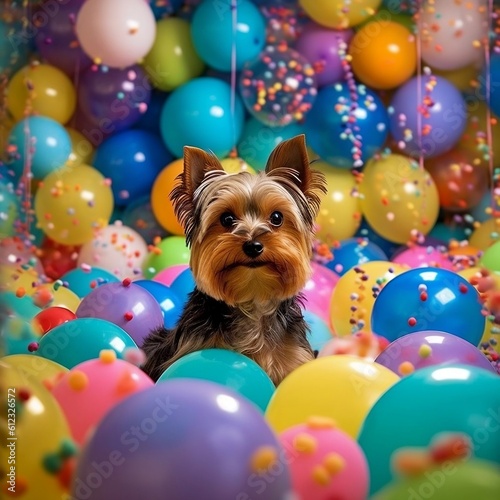 Yorkshire Terrier amidst Balloon-Filled Room, Generative Ai
