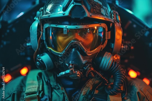 Close-up capture of a brave military pilot, exuding confidence and readiness for action. Generative AI