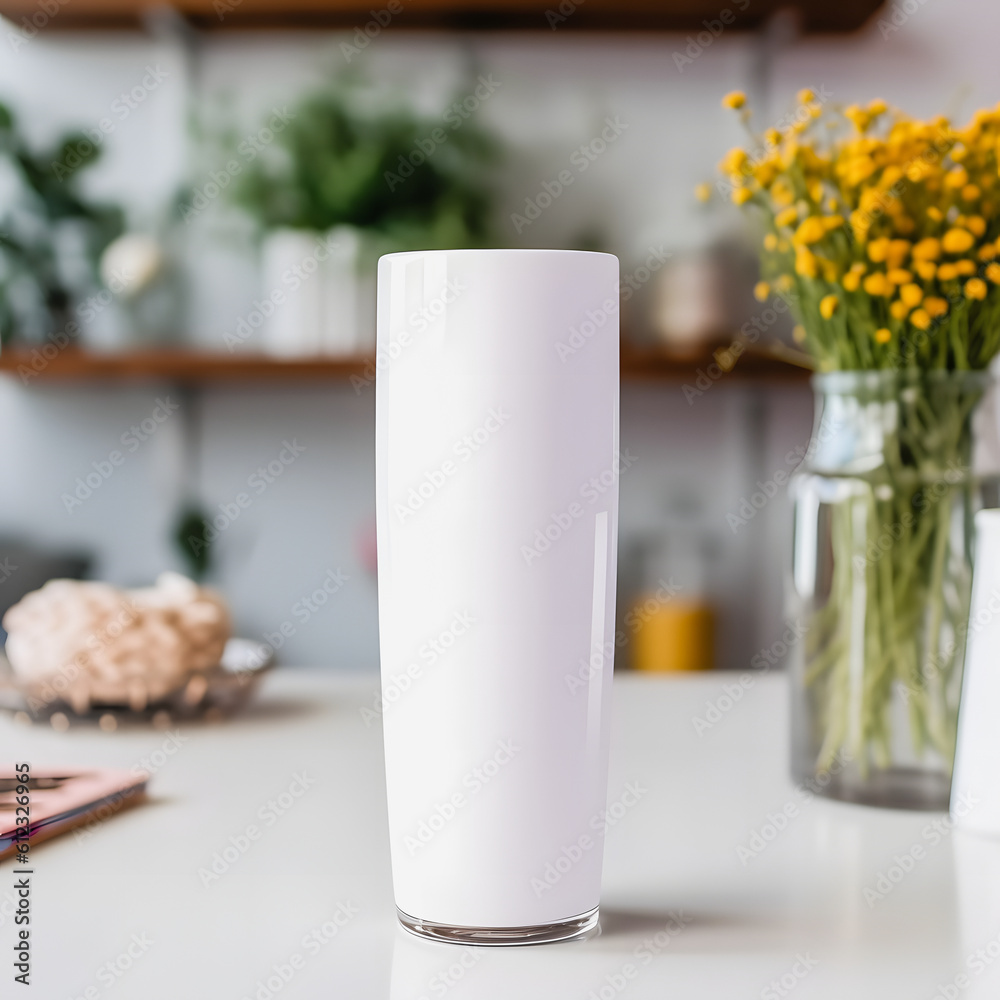 Elegant White Tumbler Mockup with Flower Vases on White Table: Stylish Beverage Container Photography