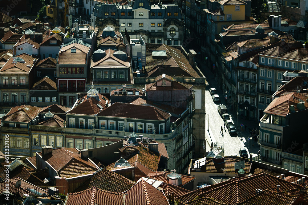 An overhead view of the rooftops in downtown Porto, Portugal.