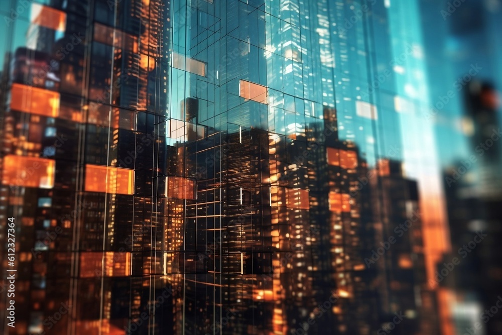 Future Urban and Corporate Architecture Real Estate Concept with Bokeh, Motion Blur, and Skyscraper Reflection, Generative Ai