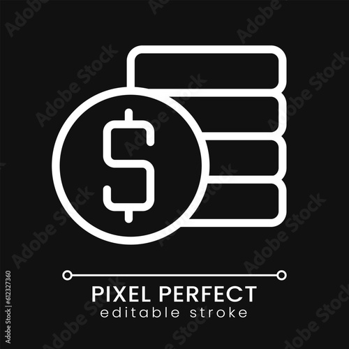 Coins stack and dollar symbol pixel perfect white linear icon for dark theme. Savings. Money management. Thin line illustration. Isolated symbol for night mode. Editable stroke. Poppins font used