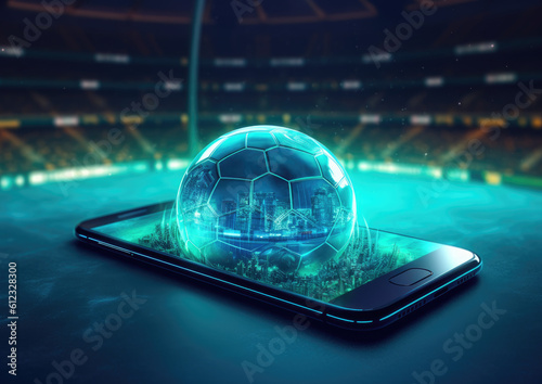 Abstract concept of a soccer ball on a phone in a stadium
