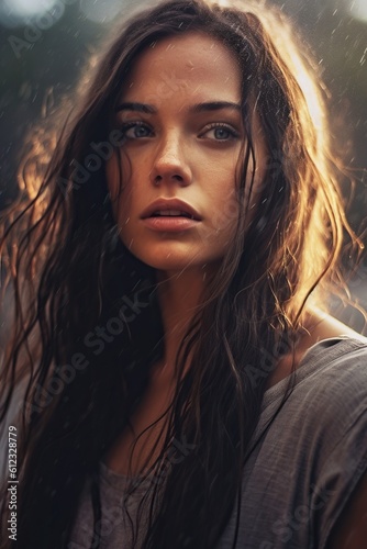 A beautiful girl with long hair under the rain.notice for moderator, this is AI generated image.