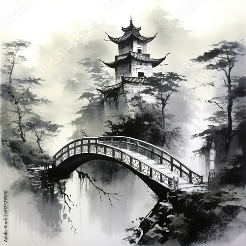 Traditional chinese bridge brush painting. Generative ai.