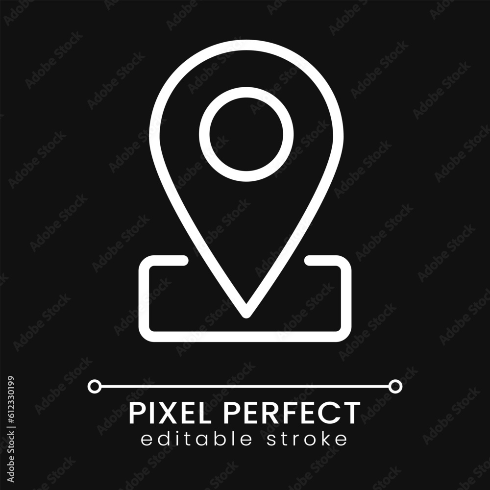 Location mark pixel perfect white linear icon for dark theme. Navigation app. Point on map. Business address. Thin line illustration. Isolated symbol for night mode. Editable stroke. Poppins font used Location mark pixel perfect white linear icon for dark theme. Navigation app. Point on map. Business address. Thin line illustration. Isolated symbol for night mode. Editable stroke. Poppins font used