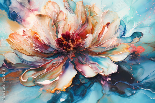 Abstract floral fluid art painting in alcohol ink liquid technique. Imitation of fantastic flower. Modern art. Abstract colorful background for wallpaper, posters, product packaging. Generative AI