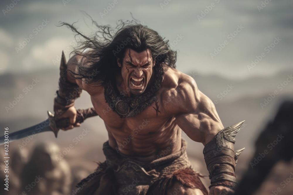 A dynamic image depicting barbarian engaged in a fierce battle, wielding his iconic sword and displaying his combat skills. Generative AI - obrazy, fototapety, plakaty 