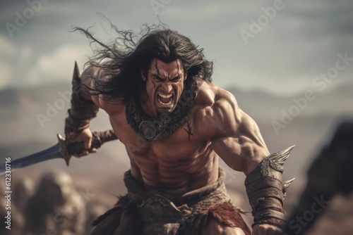 A dynamic image depicting barbarian engaged in a fierce battle, wielding his iconic sword and displaying his combat skills. Generative AI photo