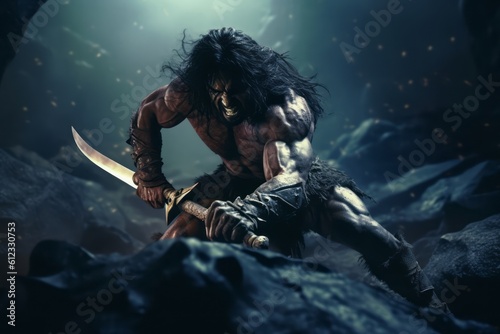A dynamic image depicting barbarian engaged in a fierce battle, wielding his iconic sword and displaying his combat skills. Generative AI