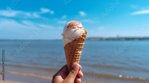 Hand hold Melting ice cream cone at beautiful beach in summer with blue sky, AI generative