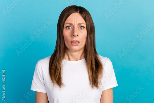 Oh no I failed again. Photo of sad terrified lady horrified feel guilty isolated blue color background
