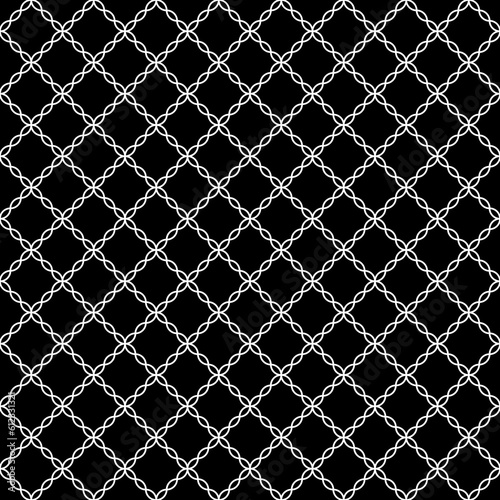 Seamless surface pattern design with white grid on black background. Ethnic embroidery. Patchwork wallpaper. Quilted motif. Digital paper with retro ornament for textile print, page fill. Vector art.