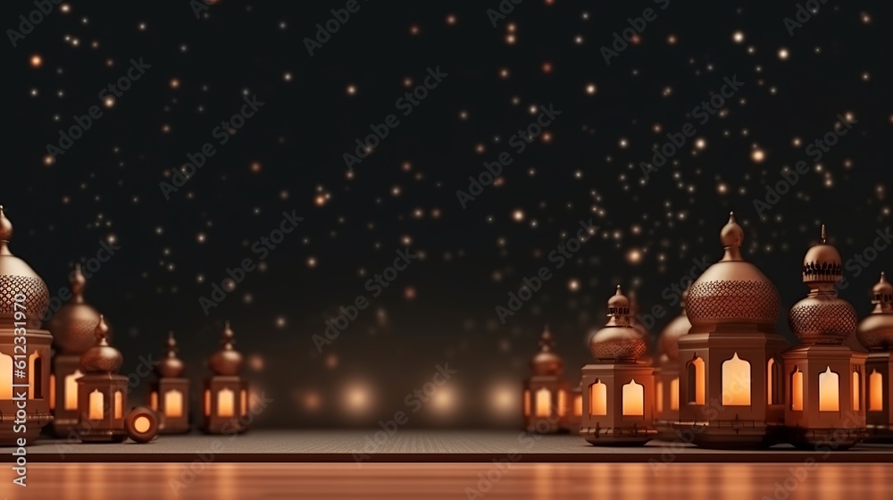 Islamic background with lanterns. Lights. Generative ai. Islamic background with lanterns. Lights. Generative ai.