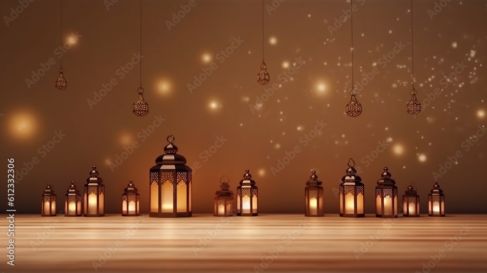 Islamic background with lanterns and lights. Generative ai.