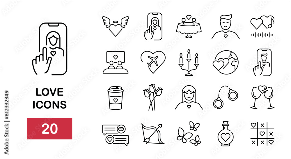 Set of love icons such as online dating, heart, chat, flower, coffee, butterfly for mobile app, dating service. Vector illustration