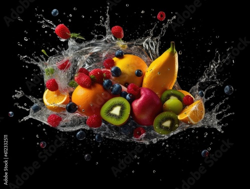 Fresh fruit Orange, Apple, Kiwi, Grape with black background Generative AI