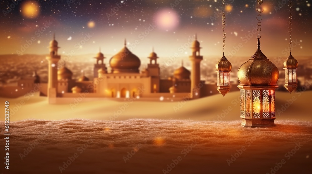 Fototapeta premium Islamic background witn desert, dust, castle, lanterns and lights. Generative ai