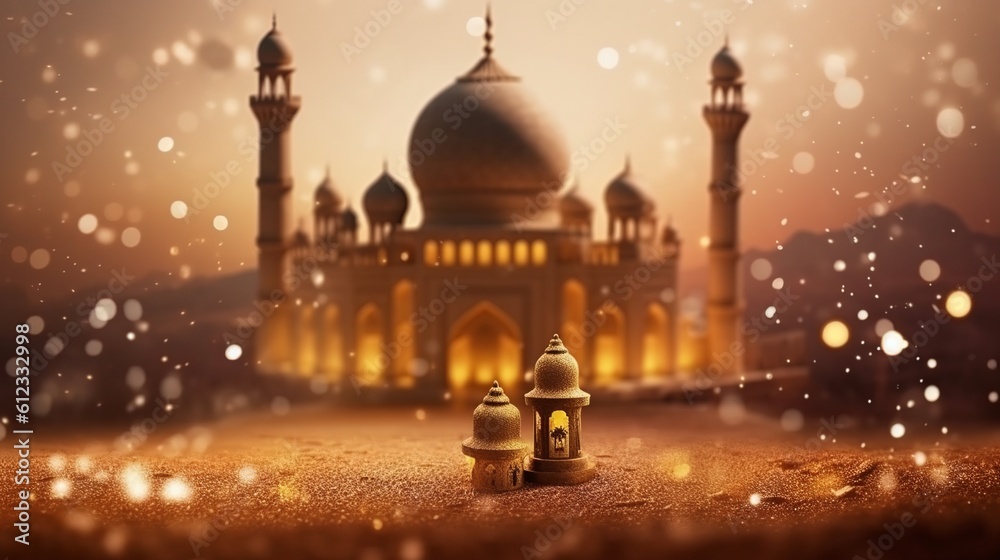 Islamic background witn desert, dust, castle, lanterns and lights. Generative ai